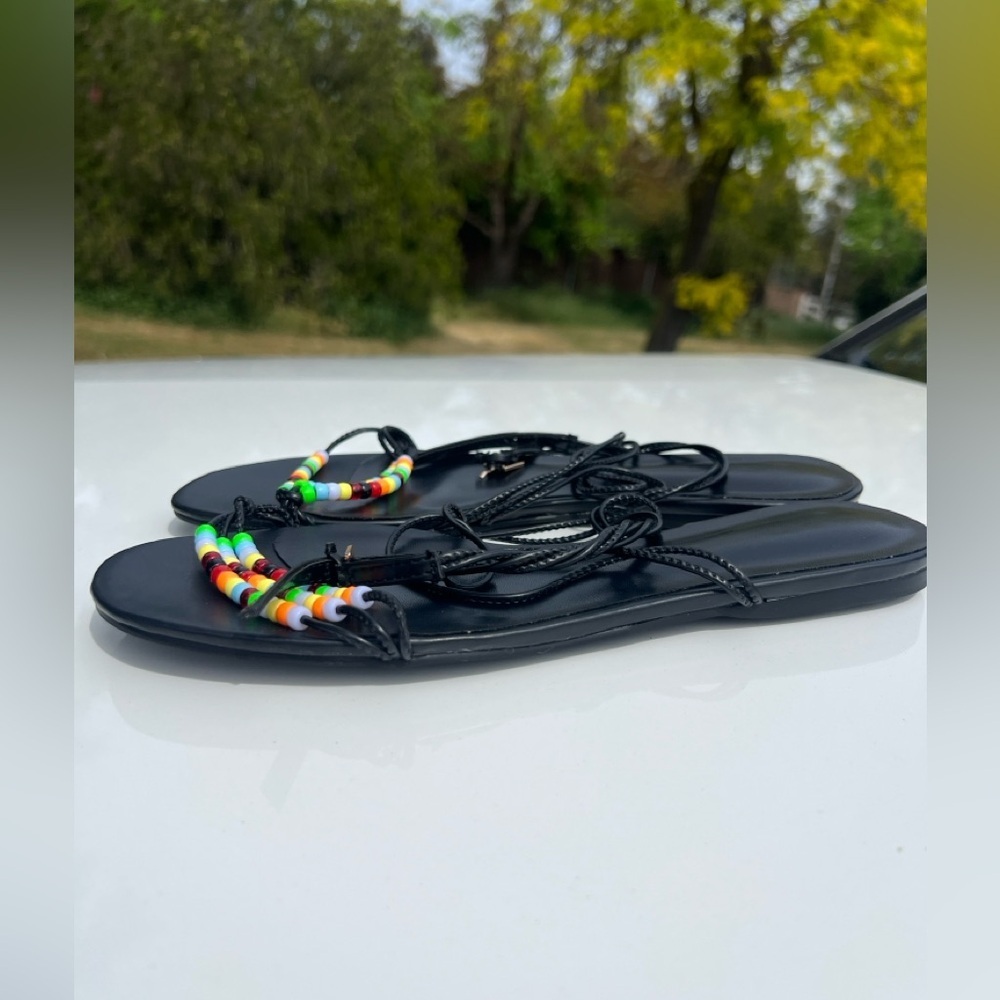 Black Strappy Sandals with Multicolor Beaded Toe Detail - Picture 3 of 6